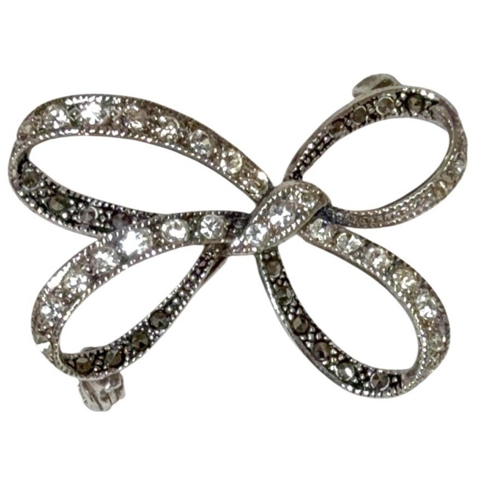 Marsala‎ Designs Sterling Silver Bow Brooch Rhinestone & Marcasite 2"